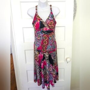 Nicole BENISTI PINK MULTICOLOURED JERSEY FAUX WRAP STRAPLESS MIDI DRESS …